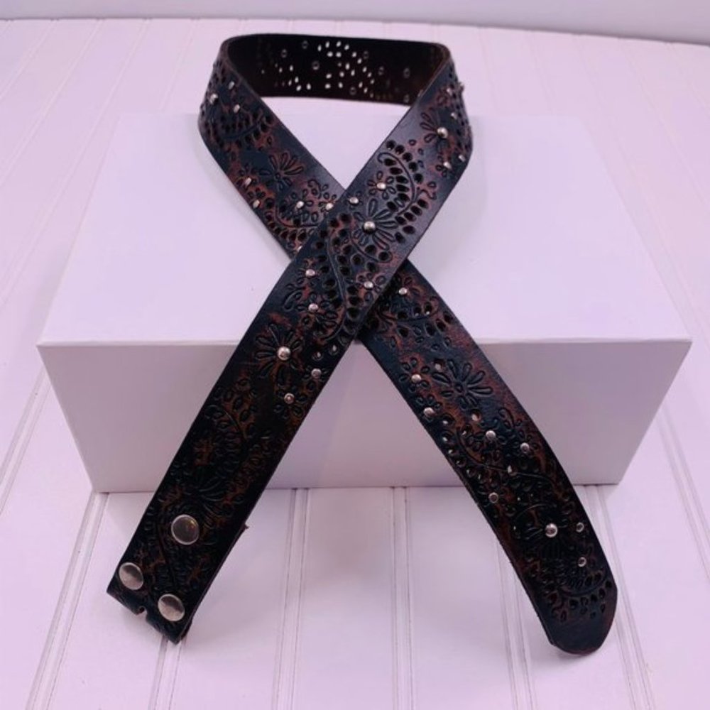 Vintage Snap On Genuine Leather Floral Rivet Perforated Belt Brown Size 32
